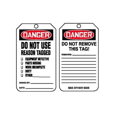 Accuform Safety Tags, DANGER DO NOT USE REASON TAGGED, 5.75in x 3.25in, PF-Cardstock, 25PK MDT219CTP